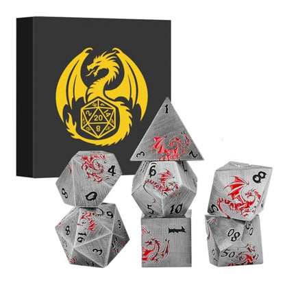 Metal Dice Set, Flat Face Design Dragon Pattern, 7pcs Polyhedral Metal DND Dice Set, DND Starter Set, D&D Gifts with Gift Box, Role Playing Board Games Accessories, Silver - color: Silver
