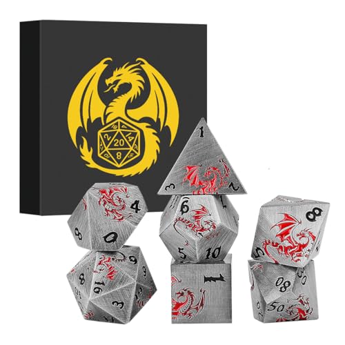 Metal Dice Set, Flat Face Design Dragon Pattern, 7pcs Polyhedral Metal DND Dice Set, DND Starter Set, D&D Gifts with Gift Box, Role Playing Board Games Accessories, Silver - color: Silver