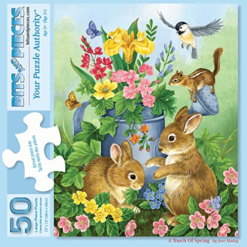 Bits and Pieces 50 Piece Puzzles for Adults, A Touch of Spring - 50 Extra Large Pieces 15" x 19" Jigsaw Puzzles - Bunnies Rabbits Easter - Random Die Cut Pieces No 2 are Alike - size: 50 Piece Puzzle