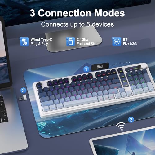 MageGee GK960 Wireless Keyboard, 98 Keys Tri-Mode BT/2.4G/Wired Membrane Gaming Keyboard, RGB Creamy Keyboard with Number Pad, Knob Control, Side Printed Keycaps, 4000mAh Battery - Black & Blue - color: Black & Blue