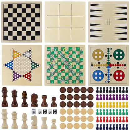 Juegoal 7-in-1 Wooden Board Game Set for Kids Adults, Tabletop Combo Classic Travel Portable Board Games (Chess, Checkers, Chinese Checkers, Backgammon, Parcheesi, Snakes and Ladders, Tic Tac Toe)