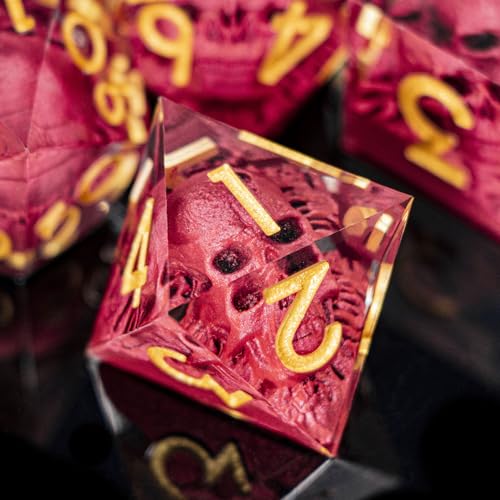DND Skull Dice Set 7PCS Necromancer Polyhedral Dice for Dungeons Dragons RPG Role Playing Game, Resin Sharp Edged D and D Dice with Gift Box D6 D8 D10 D12 D20 (Red) - color: Red&gold