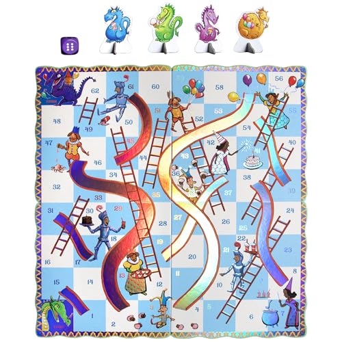 eeBoo Slips & Ladders Dragon Edition - Award Winning Classic Race Game with Holographic Foil, Screen-Free Fun for 2-4 Players, Kids Ages 5 and up - style: Slips and Ladders