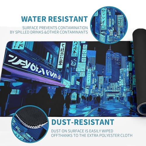 Dark Blue Japanese Gaming Mouse Pad Abstract Anime Mat 31.5x11.8 Inch Tokyo Pixel Street Texture Non-Slip Rubber Base Kawaii Mousepad Stitched Edges Keyboard Desk Pad for Office and Home Game - color: Japanese Street