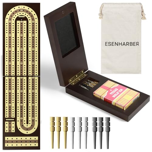 ESENHARBER Foldable Wooden Cribbage Board Set - Elegant 3-Track Design with Magnetic Closure, 9 Metal Pegs, Full Deck of Cards, Perfect for Family Game Nights and Travel - style: Foldable