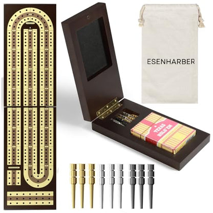 ESENHARBER Foldable Wooden Cribbage Board Set - Elegant 3-Track Design with Magnetic Closure, 9 Metal Pegs, Full Deck of Cards, Perfect for Family Game Nights and Travel - style: Foldable