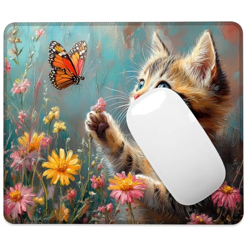 Cat Flowers Butterfly Mouse Pad Square Mouse Pads with Stitched Edge, Computer Mousepad with Non-Slip Rubber Base for Computer Laptop Office Desk Accessories 9.5x8 Inches - color: Cat Flowers Butterfly