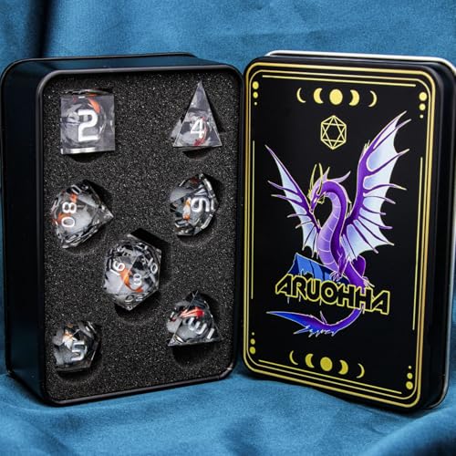 ARUOHHA DND Dice Set Liquid Core Koi Fish Sharp Edged Dragons Dice Compatible with D&D Role Playing Game, RPG Handmade Resin Dungeons Polyhedral D and D Dice Set D20 D12 D10 D8 D6 D4 - color: Hy-silver Grey