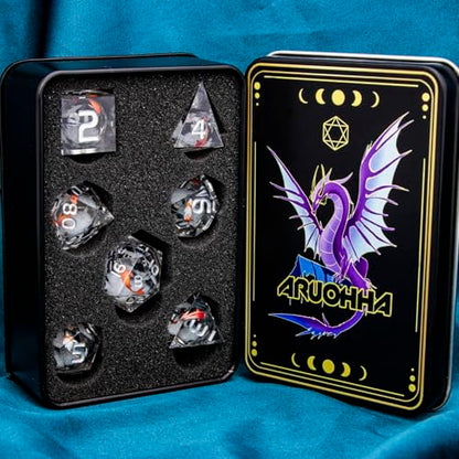 ARUOHHA DND Dice Set Liquid Core Koi Fish Sharp Edged Dragons Dice Compatible with D&D Role Playing Game, RPG Handmade Resin Dungeons Polyhedral D and D Dice Set D20 D12 D10 D8 D6 D4 - color: Hy-silver Grey