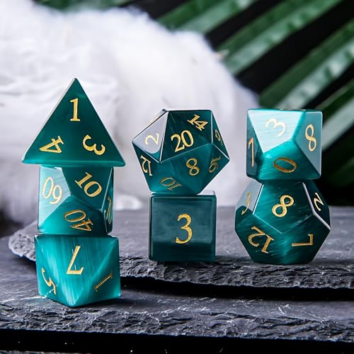 Dark Green Cat's Eye Crystal DND Dice Set 7 PCS 7 PCS Gemstone Suitable for Dungeons and Dragons D & D RPG Games - color: Dark Green Cat Eye