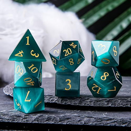 Dark Green Cat's Eye Crystal DND Dice Set 7 PCS 7 PCS Gemstone Suitable for Dungeons and Dragons D & D RPG Games - color: Dark Green Cat Eye