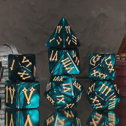 CiaraQ 7pcs Polyhedral Dice Set for Dungeon and Dragons MTG Table Games | Acrylic Role Playing Dice for D&D with Black Velvet Bag – Deep Teal Pearl with Gold Roman Numerals - color: Deep Teal Pearl Finish With Gold Roman Numerals