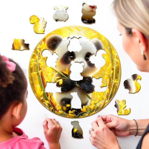 Animal Wooden Puzzles for Kids - Cute Panda (11.4 * 11.4 in) | 50 Piece Puzzles for Kids Ages 6-8, Kids Puzzles with Unique Animal Shapes, Round Gift for Girls and Boys - color: Cute Panda