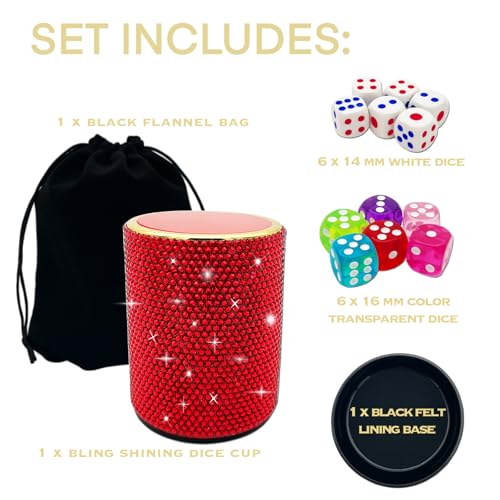 Bling Dice Cup Velvet Felt-Lined Quiet Shaker with Lid Includes 12 Dices Plastic Dice Cup Set for Bar Party Family Yahtzee Farkle Classic Dice Games (Red) - color: Red