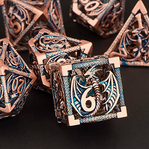 KERWELLSI Hollow DND Dice Set D&D with Gifts Box, 7pcs Polyhedral Metal D and D Dice for Role Playing Game, Dungeon Dragon Dice D20 D12 D10 D8 D6 D4 (Gold Blue) - color: Gold Blue