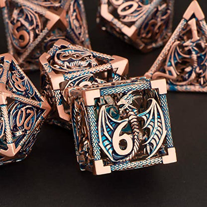 KERWELLSI Hollow DND Dice Set D&D with Gifts Box, 7pcs Polyhedral Metal D and D Dice for Role Playing Game, Dungeon Dragon Dice D20 D12 D10 D8 D6 D4 (Gold Blue) - color: Gold Blue