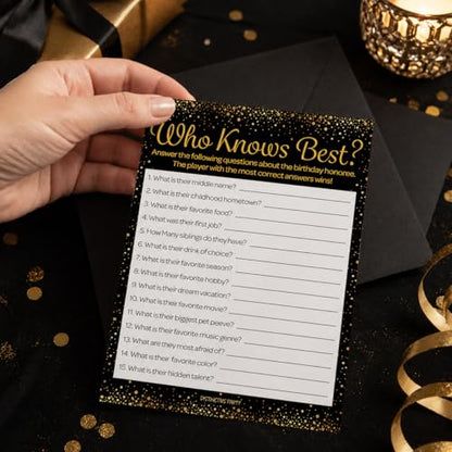 Black and Gold 90th Birthday Games Set, Born in the 1930s, 20 Guests | 5" x 7" Dual-Sided Cards, Who Knows Best, Older or Younger, and 1930s Trivia Games, Answer Keys Included - color: Black and Gold