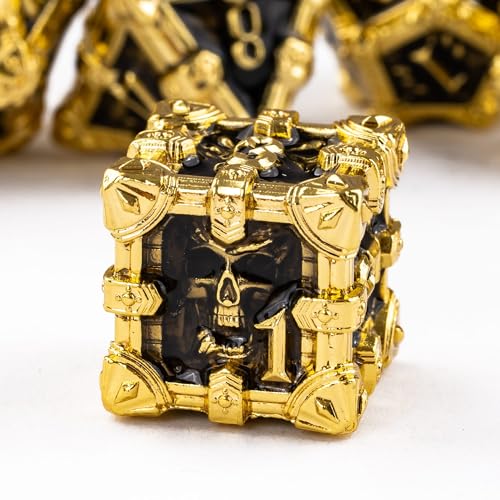 Metal Skull Dice Set with Skull Bag,7PCS Polyhedral Metal Dice Set for DND Role Playing Games(Gold Black) - color: Skull Gold Black