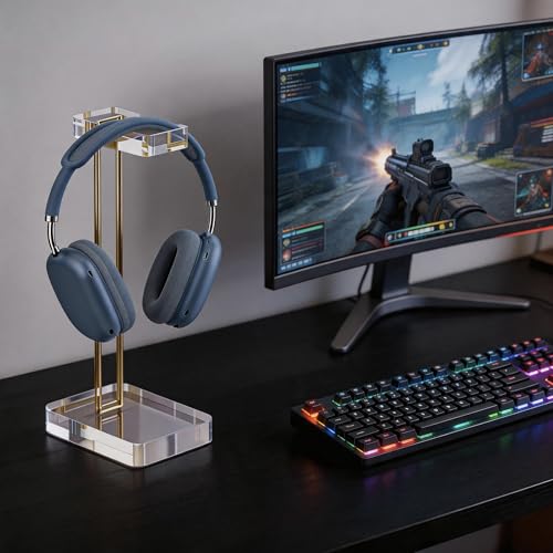 Acrylic Headphone Stand for Desk, Crystal Clear Headset Holder with Gold Metal Accent, Stable Non-Slip Base, Universal Gaming Headphone Hanger for PC Setup, Office & Home Desk Accessories - color: Gold