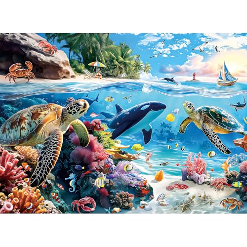 300 Piece Puzzles for Adults, 300 Piece Puzzles for Adults Large Piece, Turtles Orca Coral Reef Ocean Jigsaw Puzzle, Funny Gift for Adult Kids Senior Challenging Family Games Toy, 20.5 X 15 in - color: Turtles Orca