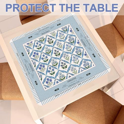 Tegeme Mahjong Mat Blue Flower 22" X 22" Anti Slip Game Table Cover | Noise Reduction for Quiet Play, Chinoiserie Floral Design, Non Slip Backing Secures Mat, For Mah Jong Card Tile Games - size: 22" X 22", style: Blue Flower
