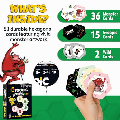 Groopic Monster's Style, Award-winning and Fun Twist on Rummy Game for kids | A fresh, innovative twist: build groups around definition cards. 53 big hexagonal cards, Monster Games for kids, ages 8+.