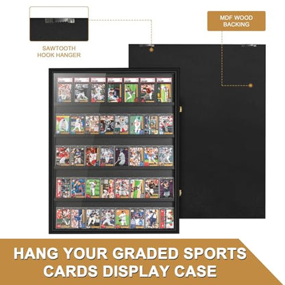 GYaozii 40 LED Large Baseball Card Display Case with UV Protection | Graded Sports Card Display Frame Trading Cards Wooden Wall Cabinet with Acrylic Front for Cards Collection - size: 40 Card-1Pack with LED