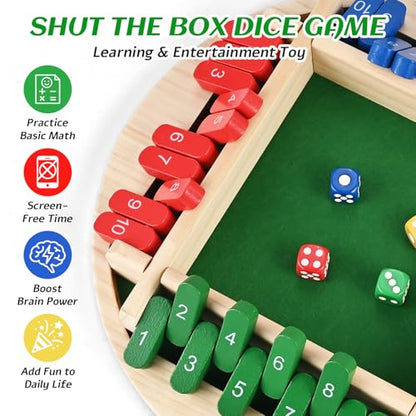 Shut The Box Game, 2-4 Player Shut The Box Dice Game | Wooden Dice Board Table Math Game for Adults and Kids, Classics Tabletop Version Board Games for Family Classroom Home or Bar