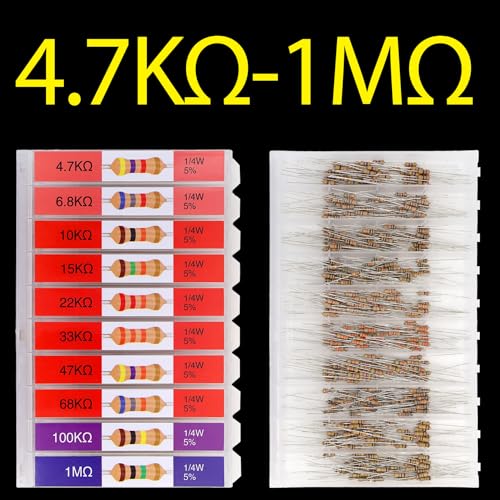EEEEE 100 Ohm - 1M Ohm with 5% Carbon Resistor Assortment Kit and Electrical Industrial Assorted Set K Ohm Pack for Led Lights (5% 1/4 Watt 1000pcs 100Ω-1MΩ) - size: 5% 1/4W 20 Values