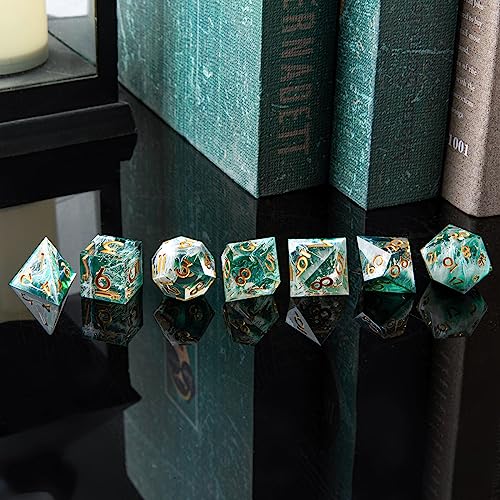 DND Dice Set, Sharp Edge Resin Dice Set with Dice Case, Handmade 7 Accessories Polyhedral Dice for Role Playing Game Dungeons and Dragons, D&D Dice (Sea Wave Green)