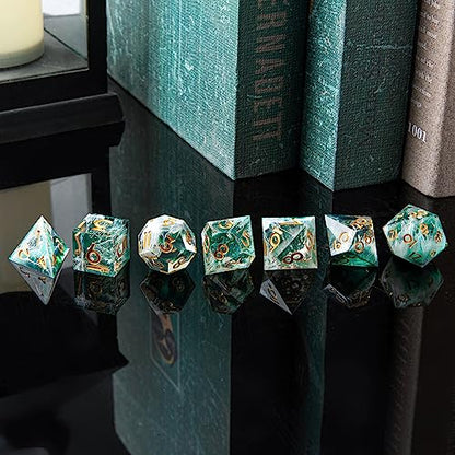 DND Dice Set, Sharp Edge Resin Dice Set with Dice Case, Handmade 7 Accessories Polyhedral Dice for Role Playing Game Dungeons and Dragons, D&D Dice (Sea Wave Green)