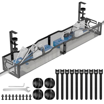 Under Desk Cable Management Tray, No Drill Steel Desk Cable Organizers, Wire Management Tray Cable Management Rack (24.4" Length-Black) - color: 1 Pack-24.4"-Black