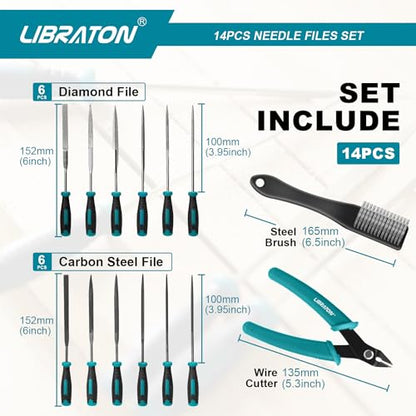 LIBRATON Needle File Set, Diamond Needle File Set, 14PCS Small File Set | 6 Diamond Files & 6 Carbon Steel Files with Wire Cutter, Steel Brush, Carry Bag, Jeweler File Tools for Soft Metal,Wood,Model - style: Needle File-14PCS