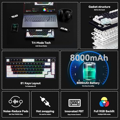 Gurjot Wireless Mechanical Keyboard with Knob,Tri-Mode BT5.0/2.4GHz/USB-C Hot Swappable Mechanical Keyboard,Pre-lubed Linear Switches,8000mAH Battery RGB Backlit Computer Gaming Keyboards - color: Navy Black