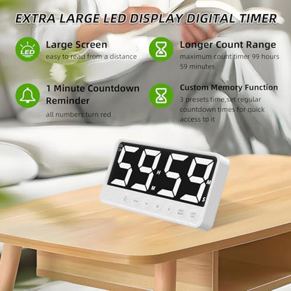 Extra-Large Display Digital Kitchen Timer with 7.4” LED Screen, 6 Alarms & 4 Volume Levels, 3 Memory Presets, Magnetic Stand Rechargeable Count Down/Up Timer for Cooking Home Gym, White