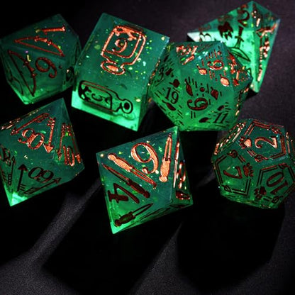 Cusdie 7-Die Sharp Edges DND Dice Set, Ranger Pattern Polyhedral D&D Dice Set for DND TTRPG Role Playing Games(Green w/Rose Gold Ranger Pattern) - color: Green W/Rose Gold Ranger Pattern