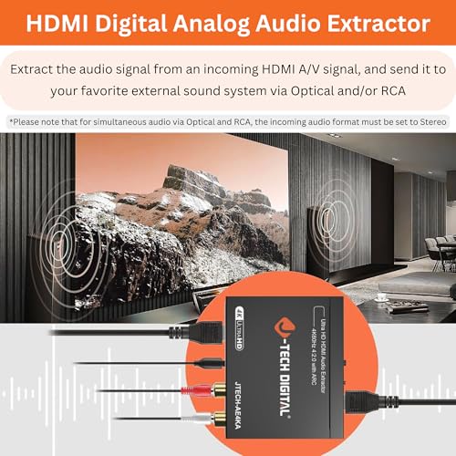 J-Tech Digital 4K@60Hz HDMI Audio Extractor with ARC, HDMI to RCA & Optical Converter, Dolby Digital/DTS Stereo Support for TV, Gaming Consoles, Blu-ray, Laptop [JTECH-AE4KA]