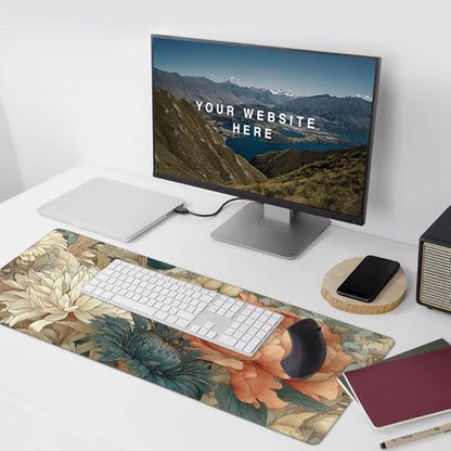 Retro Blossom Boho Floral Large Desk Pad, Anti-Slip Rubber Mouse Pad for Office and School, 35.4" x 15.7" - color: Retro Bohemian style colorful flowers