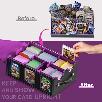 MTG Card Storage Box-Massive 3600+Leather Magnetic Deck Box w/Commander Display | Includes: 6 Toploaders, 4 Dividers, 2 Stoppers, 1 Dice Tray | for TCG & Sports Cards (Black Purple)