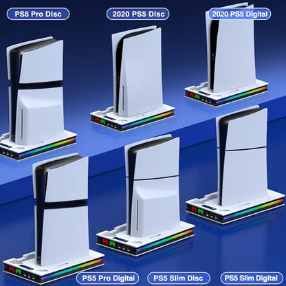 PS5/Pro/Slim Stand and Cooling Station with Controller Charging Station for Playsation 5 Disc Digital Console, PS5 Accessories Incl. 3 Level Cooling Fan, LED, 3 USB Hub, Media Slot, Headset Holder