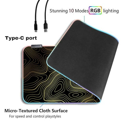 RGB Mouse Pad LED Desk Mat Large Gaming Mousepad Black and Gold Line Design, Keyboard Pad XL Mouse Mat for Home and Office (Black with Gold Topographic Line) - color: Black With Gold Topographic Line