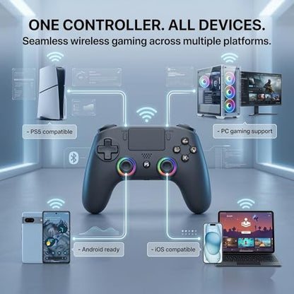 SYRIXAS Wireless Controller Compatible with PS5, Hall Effect Joysticks, RGB Light Bar, Dual Vibration, Motion Sensor, Turbo Function, Bluetooth Gamepad for PS5, PC iOS Android with Audio Jack and Remap Buttons