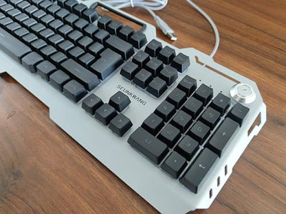 SEUNKWANG Wired Gaming Keyboard, 104 Keys Wired Gaming Keyboard with Mouse Pad, All-Metal Panel Quiet Computer Keyboard with Blue Backlit, Knob, Light Up Keyboard, Wired Keyboard for PC Gamers-Black