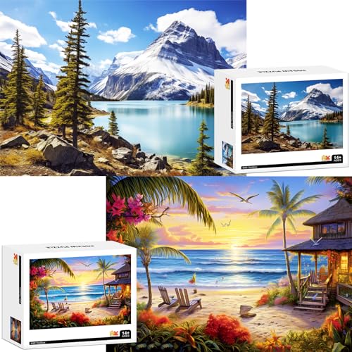 2 Pack Puzzles for Adults 1000 Pieces-Hawaii Beach & Moraine Lake Difficult Jigsaw Puzzles for Adults,Hard Jigsaw Puzzle Decorations DIY Leisure Game Toy Suitable Family Friends(27.5x20 inches) - style: Hawaii Beach & Moraine Lake