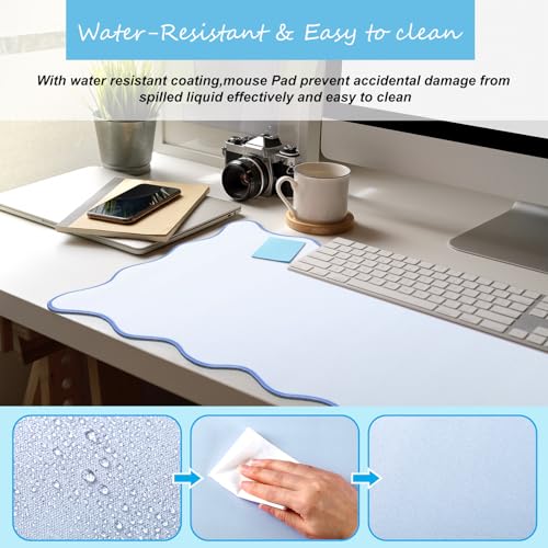 Hahafelt Scalloped Desk Mat Large Desk Pad Cute Coquette Table Mat Back to School Preppy Table Make up Pad Nonslip Graduation Gift with Stitching Waterproof Gaming(Blue,36 x 17 Inches) - color: Blue, size: 36 x 17 Inches