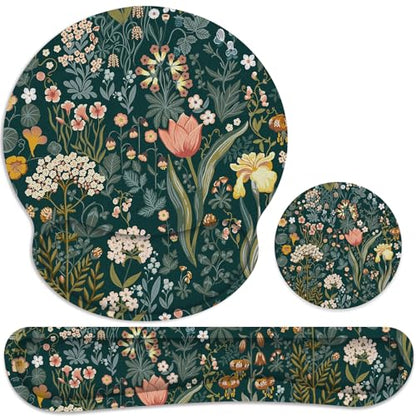 Ergonomic Mouse Pad with Wrist Rest and Keyboard Wrist Rest, Mousepad and Wrist Rest for Computer Keyboard, Pain Relief, Non-Slip Rubber Base, Mouse Pad Wrist Support for Gaming, Green Flowers - color: Green Flowers