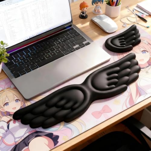 inbesk Angel Wing Wrist Rest Ergonomic Memory Foam Wrist Rest for Computer Keyboard Mouse Set, Cute Gaming Keyboard Cushion Hand Support PU Leather Surface Anti-Slip Waterproof Dirt Resistant (Black) - color: Black