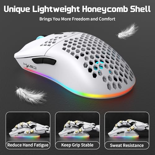 FREEWOLF X HXSJ T66 Wireless Gaming Mouse Tri-Mode Superlight Honeycomb Design PAW3212 3600DPI Sensor 1000Hz Polling Rate Bluetooth/2.4Ghz/Wired Ergonomic PC Mice RGB Light Programmable Buttons-White - color: white