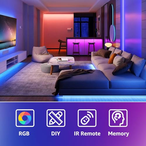 hyrion 50ft USB-Powered RGB LED Strip Lights, Music Sync & Sound-Reactive Color Changing Lights for Bedroom, TV Backlight, Gaming Setup, Bluetooth, IR Remote & Smart App Control | Enjoy Music Sync, Color Changing Lighting, IR Remote Control, Perfect for T