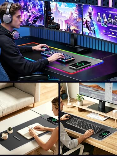 Wireless Charging Mouse Pad Gaming, 31.5"x11.8" Large Desk Mat, Waterproof | RGB Mousepad, Smooth Glide, Stitched Edge, Non-Slip Rubber Base, Desk Pad Computer Keyboard Mat, No Adapter - color: RGB-31.5"x11.8"-Right